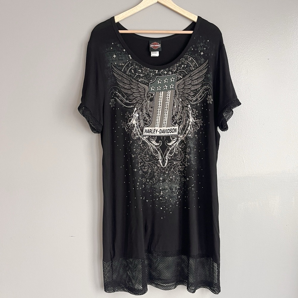Harley Davidson‎ Embellished Graphic Tee Women's Tunic Top Mesh Trim 1X